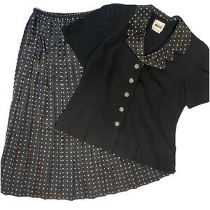 Vintage LESLIE FAY Skirt Suit Set Blouse Pleated Midi Skirt Womens 10 Black Tan